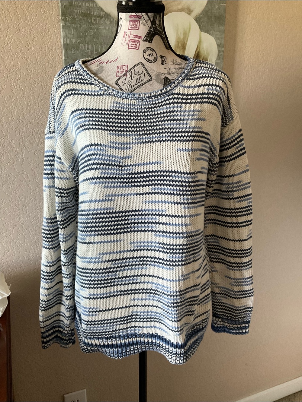 Talbots White and Blue Striped Scoopneck Sweater Size M